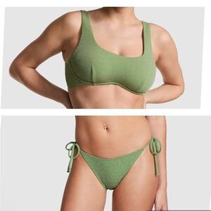 PINK Victoria’s Secret Bikini Set Green M Scoop Underwire Adjustable Bottoms NWT